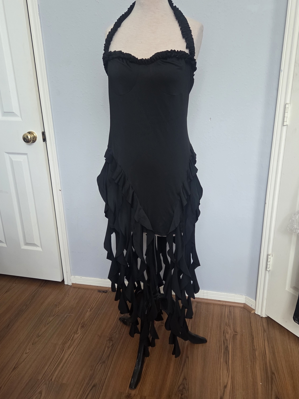 Source Unknown Black Halter Ruffle Fringe High-Low Dress